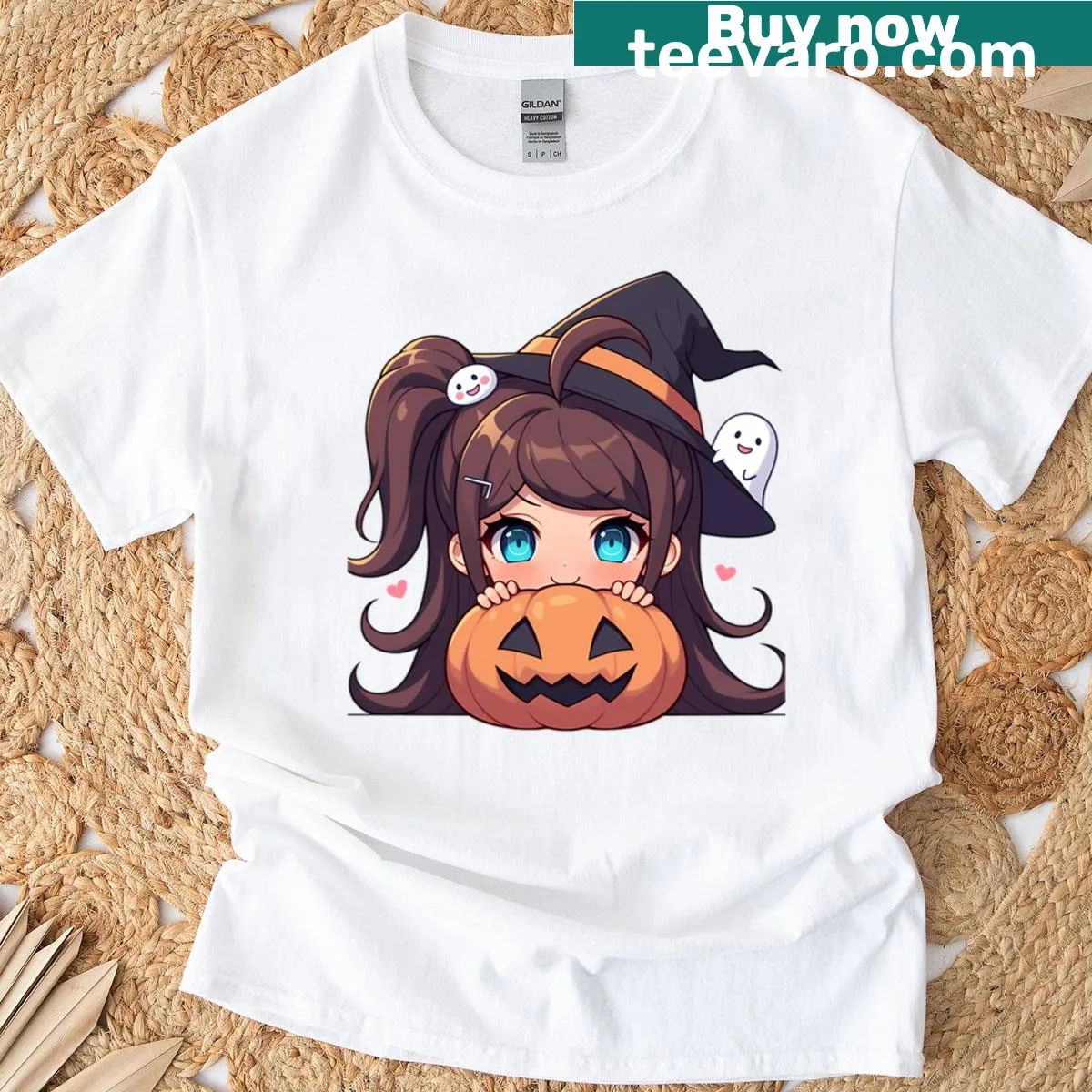 Cute chibi anime girl dressed as a witch with a pumpkin on a T-shirt — on a men's t-shirt