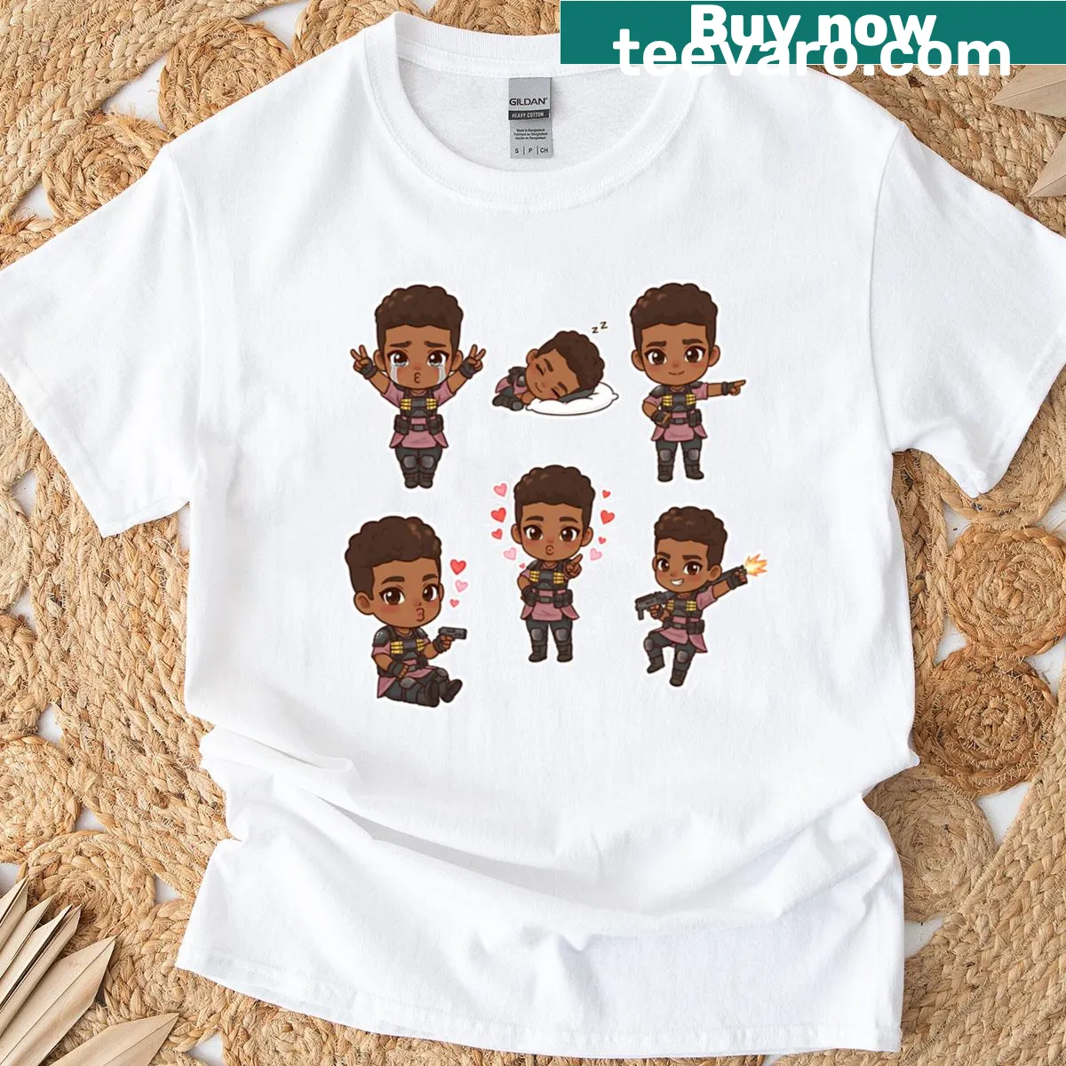 T-shirt featuring chibi Bangalore sticker set from Apex Legends. — on a men's t-shirt