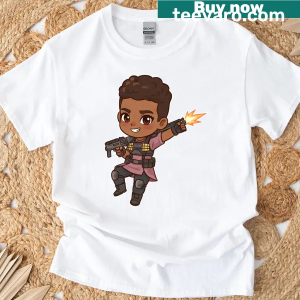 T-shirt featuring chibi Bangalore from Apex Legends with cute emotes.