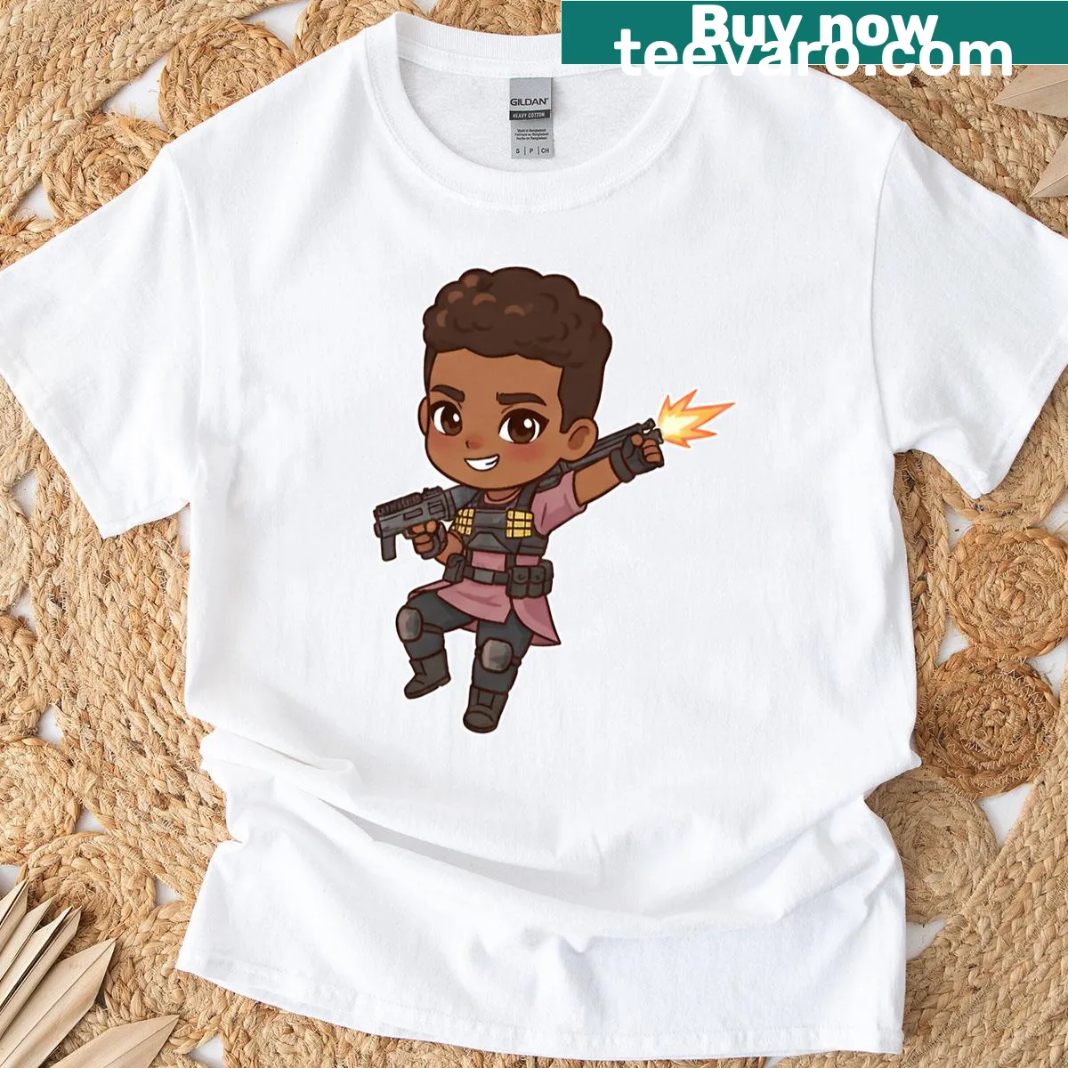 T-shirt featuring chibi Bangalore from Apex Legends with cute emotes. — on a men's t-shirt