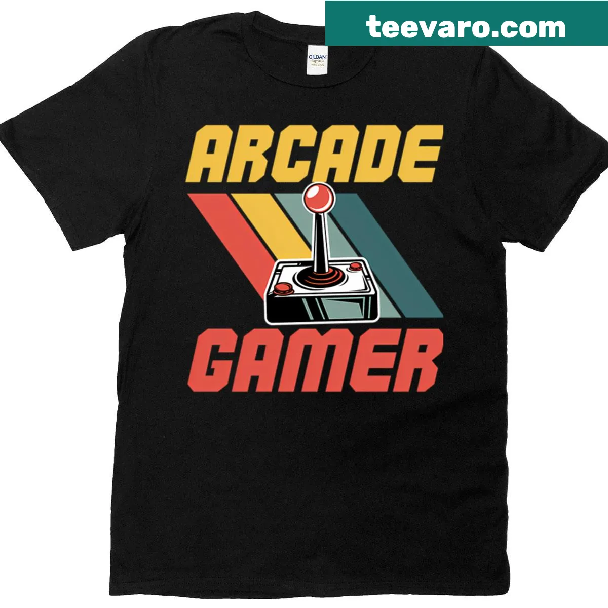 Retro gaming t-shirt with arcade joystick graphic — on a men's t-shirt
