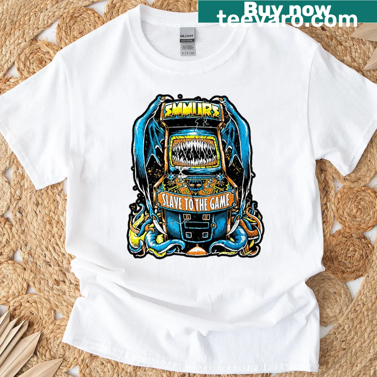 T-shirt featuring a retro monster game machine design — on a men's t-shirt