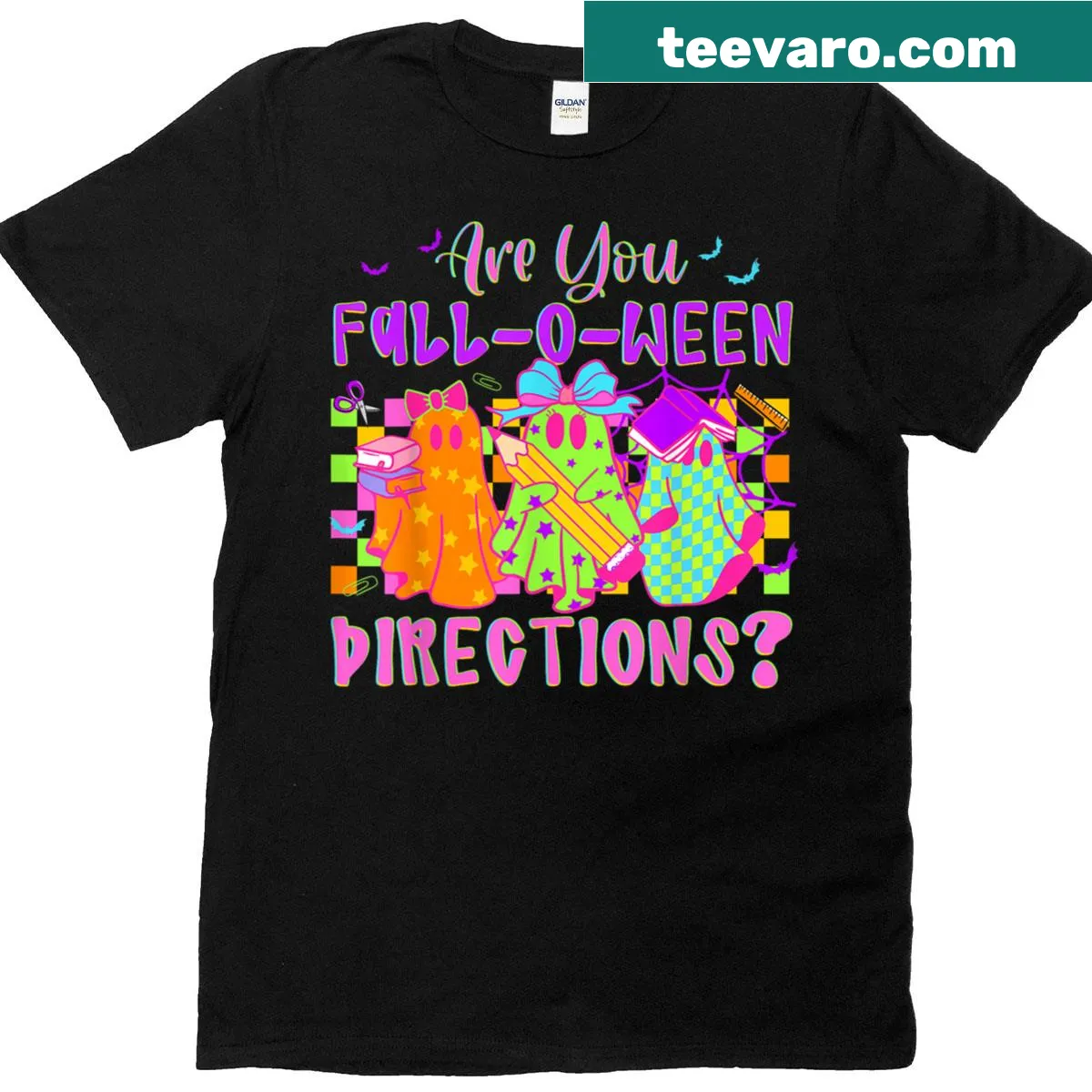 Funny ghost t-shirt for teachers with Halloween directions text — on a men's t-shirt