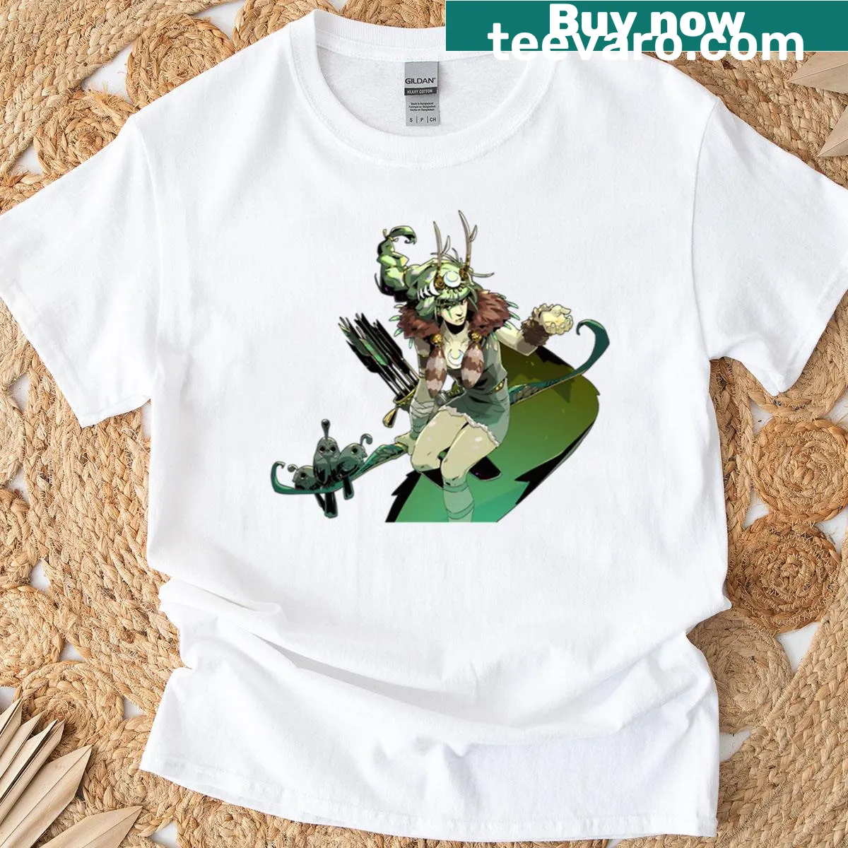Artistic depiction of Artemis from Hades game on t-shirt — on a men's t-shirt