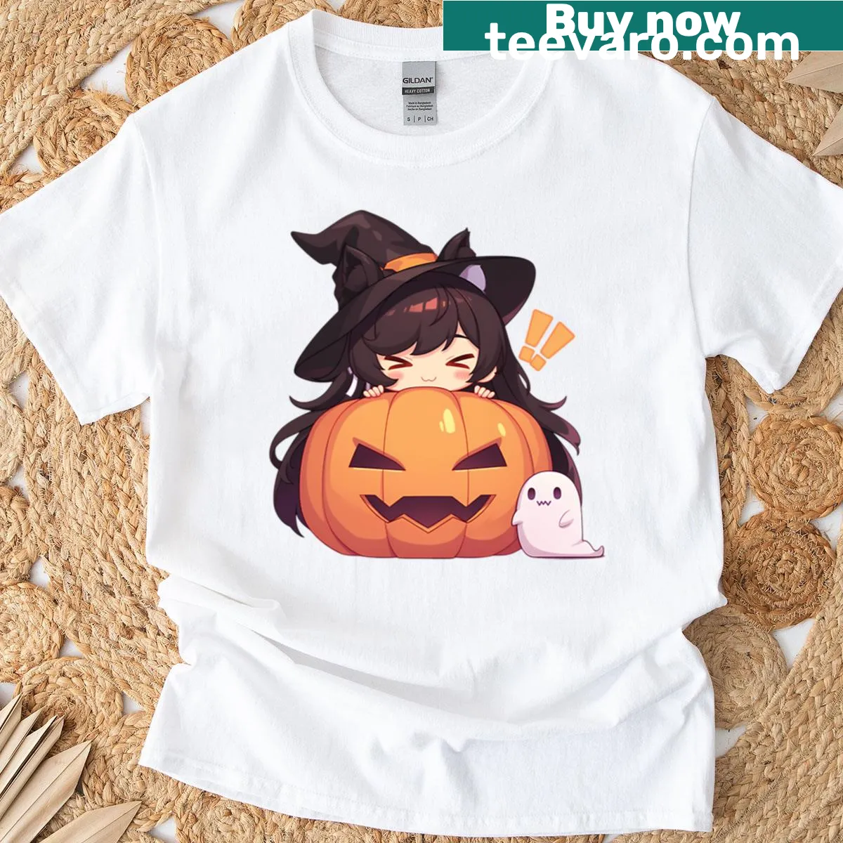 Chibi anime girl in Halloween costume t-shirt with pumpkin and ghost — on a men's t-shirt
