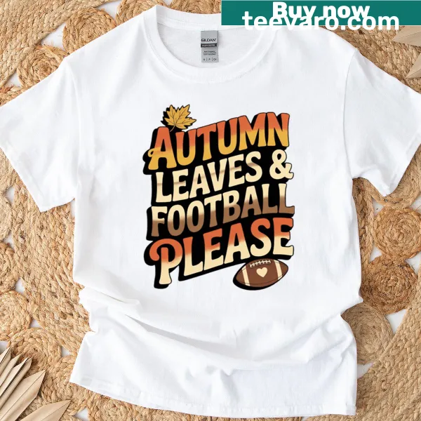 Playful football-themed T-shirt with autumn leaves design
