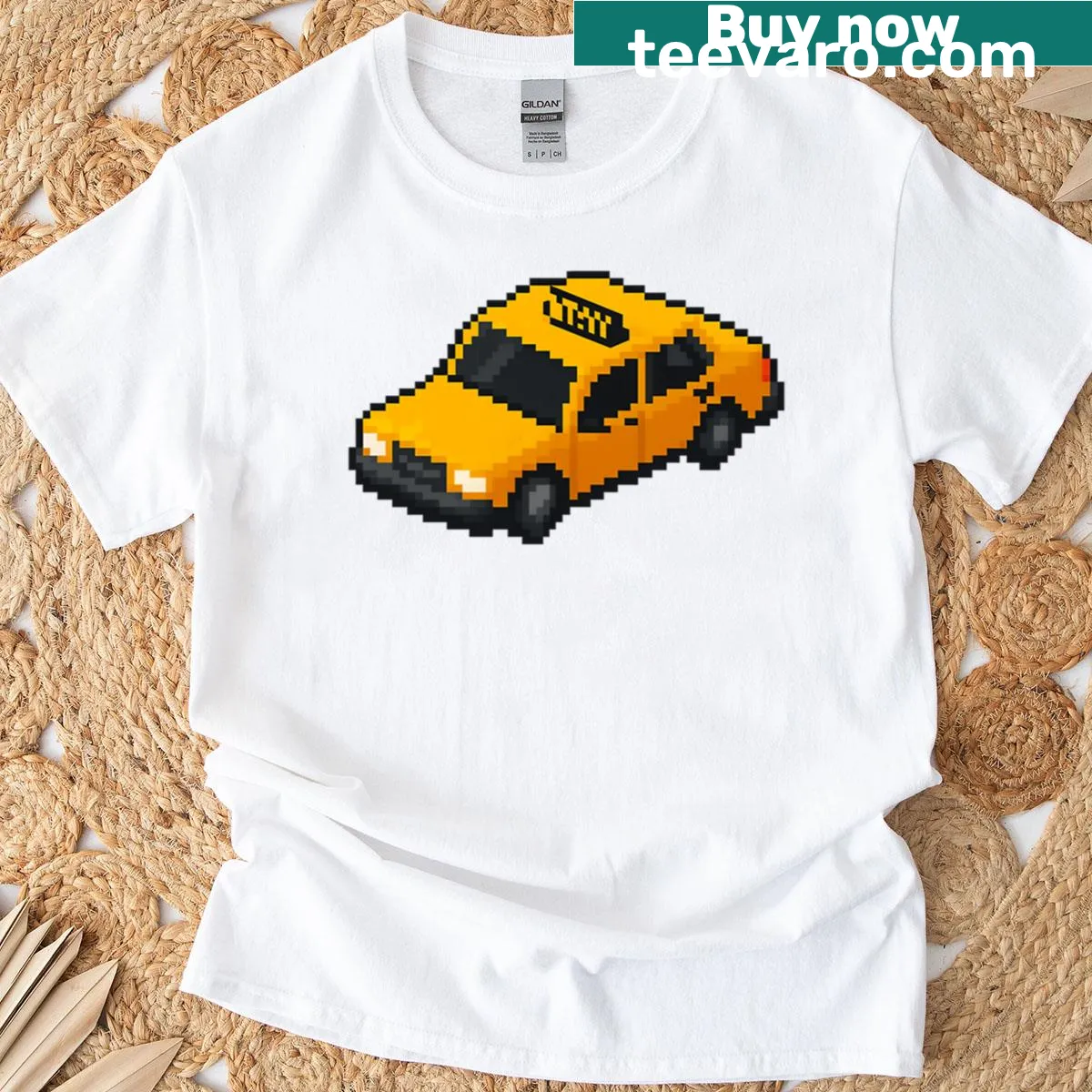 Retro isometric pixel art T-shirt with a playful yellow design. — on a men's t-shirt