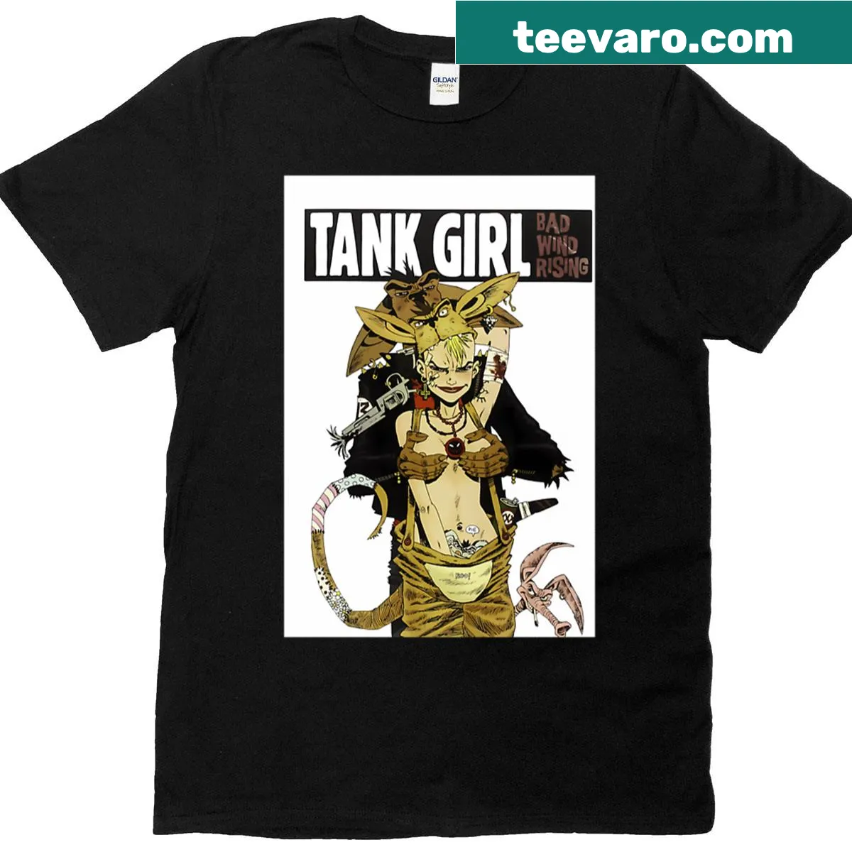 Bold graphic design inspired by tank girl culture on a tee — on a men's t-shirt