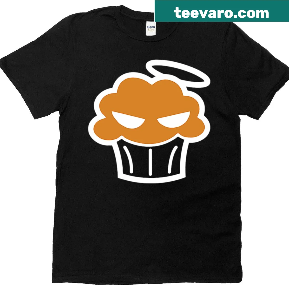 Funny Bad Boy Halo muffin graphic T-shirt — on a men's t-shirt