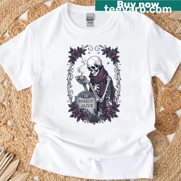 Funny cartoon skeleton drinking coffee on gothic-style T-shirt.