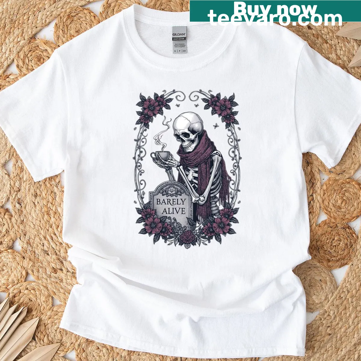 Funny cartoon skeleton drinking coffee on gothic-style T-shirt. — on a men's t-shirt