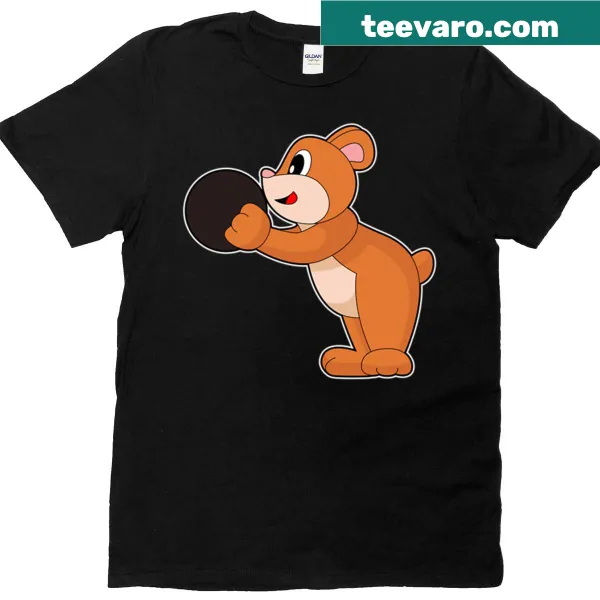 Whimsical bear design holding a bowling ball on a t-shirt