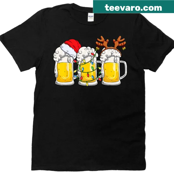 Funny Christmas t-shirt featuring Santa with a beer mug