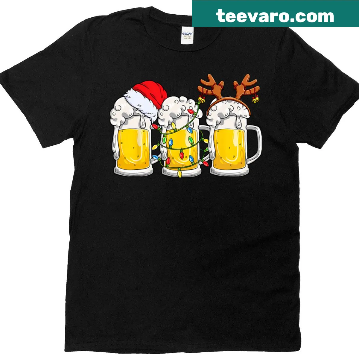 Funny Christmas t-shirt featuring Santa with a beer mug — on a men's t-shirt