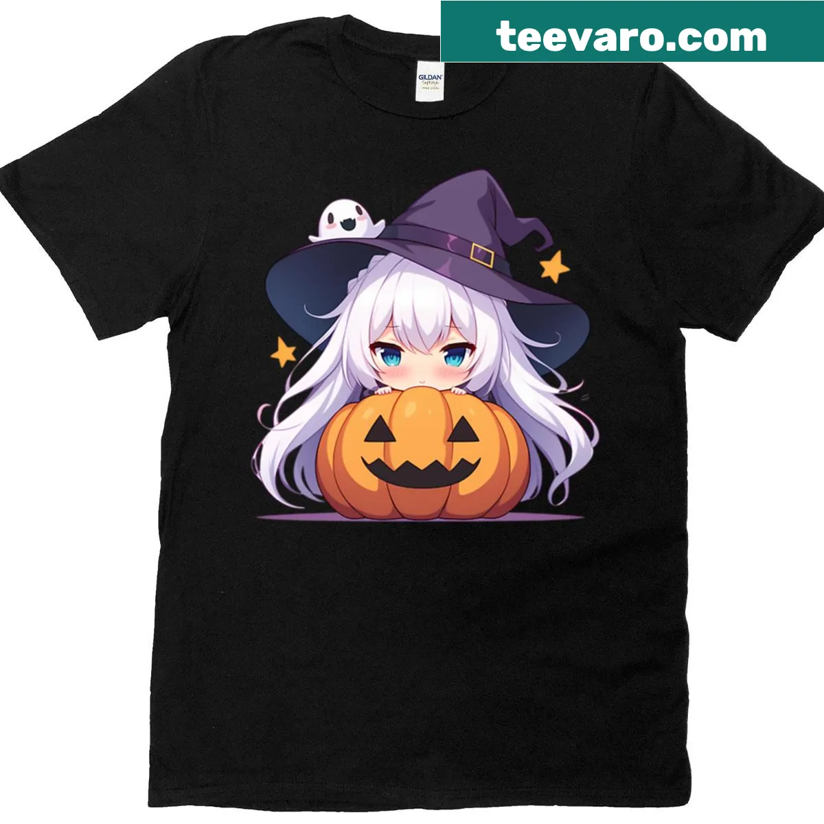 Cute Halloween chibi anime girl T-shirt with pumpkin and ghost — on a men's t-shirt