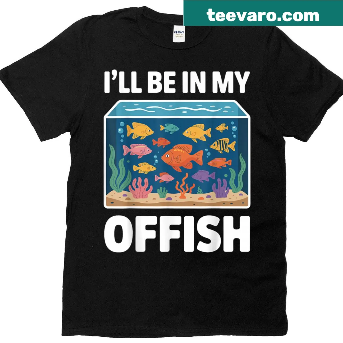 Aquarium-themed graphic t-shirt with fish and underwater art — on a men's t-shirt