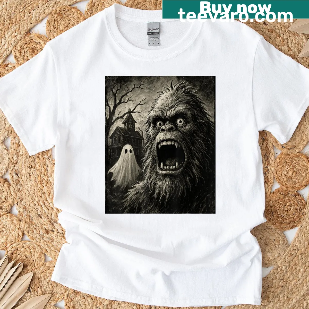 Funny Bigfoot ghost T-shirt designed for Halloween fun — on a men's t-shirt