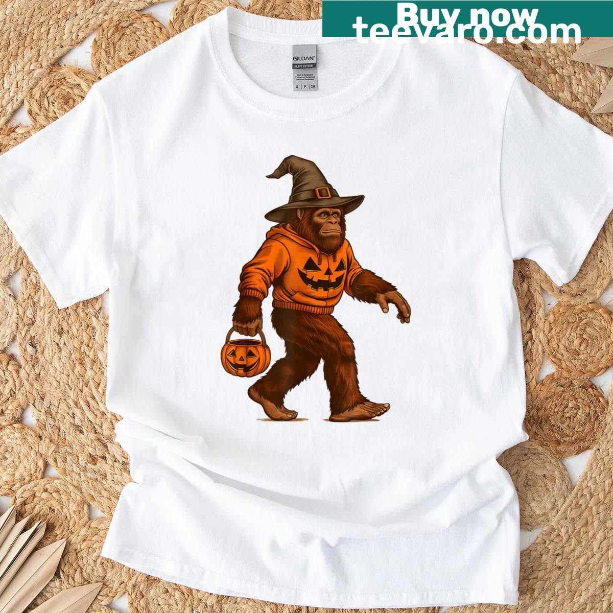 Bigfoot graphic t-shirt for Halloween featuring Sasquatch in costume — on a men's t-shirt
