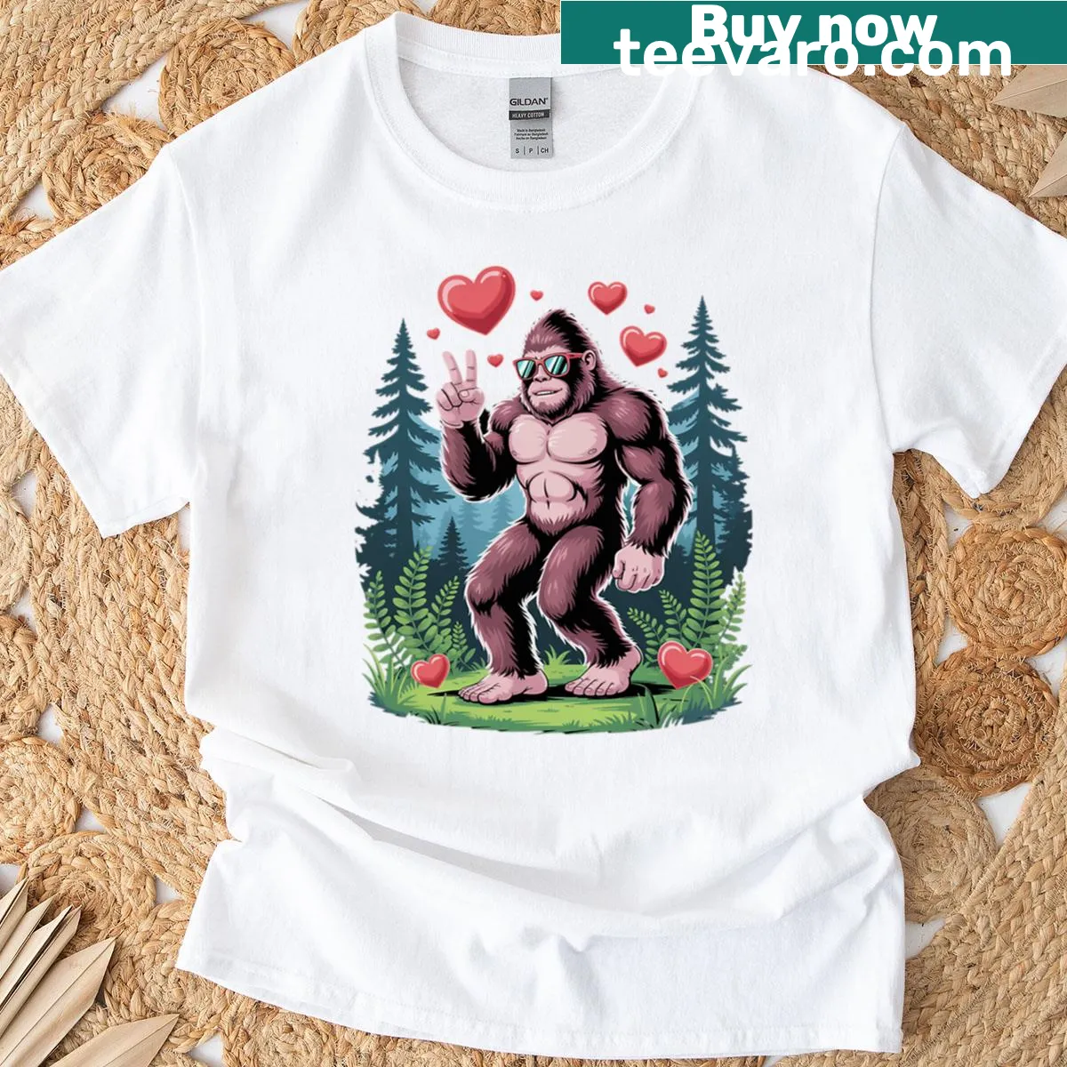 Whimsical Valentine's Day Sasquatch graphic T-shirt — on a men's t-shirt