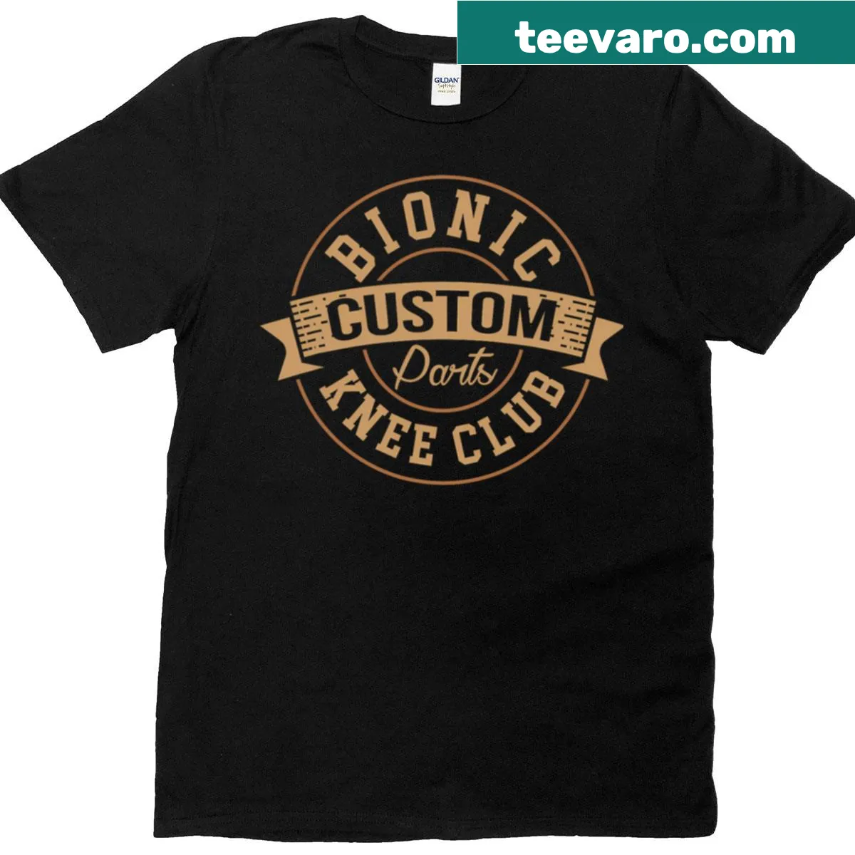 Gag t-shirt for recovery featuring 'Bionic Knee Club' text and graphic — on a men's t-shirt