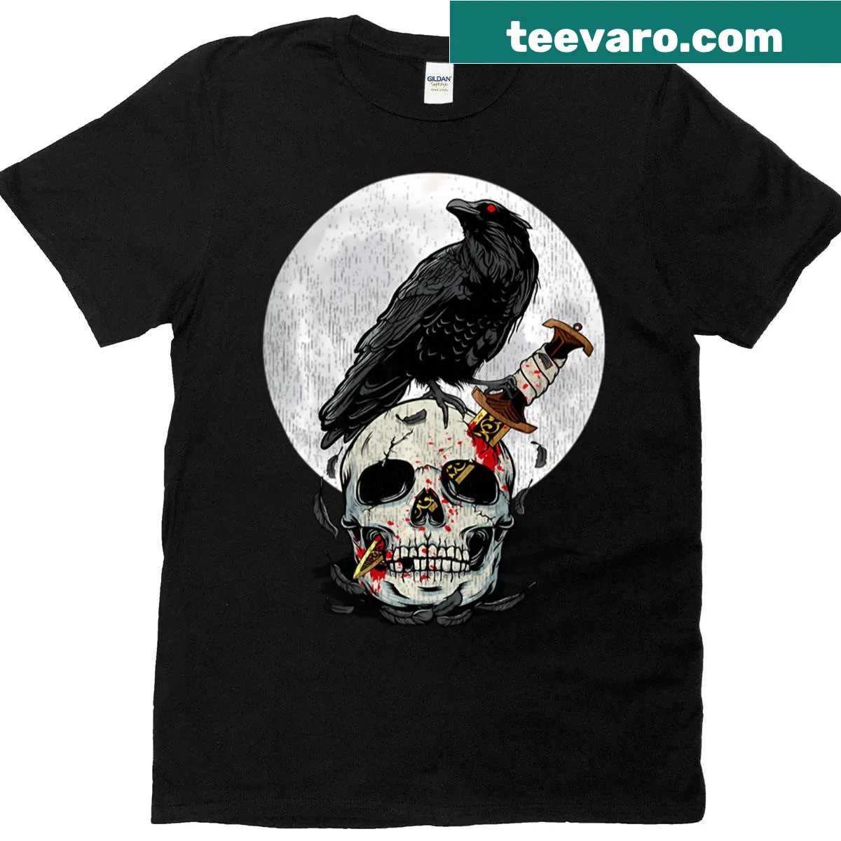 Vintage crow skull and moon design on a gothic t-shirt — on a men's t-shirt