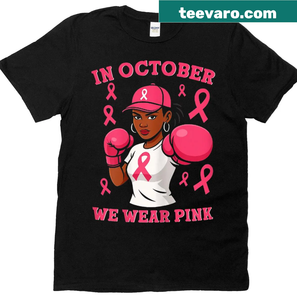 Breast cancer awareness t-shirt with the phrase 'In October We Wear Pink' — on a men's t-shirt