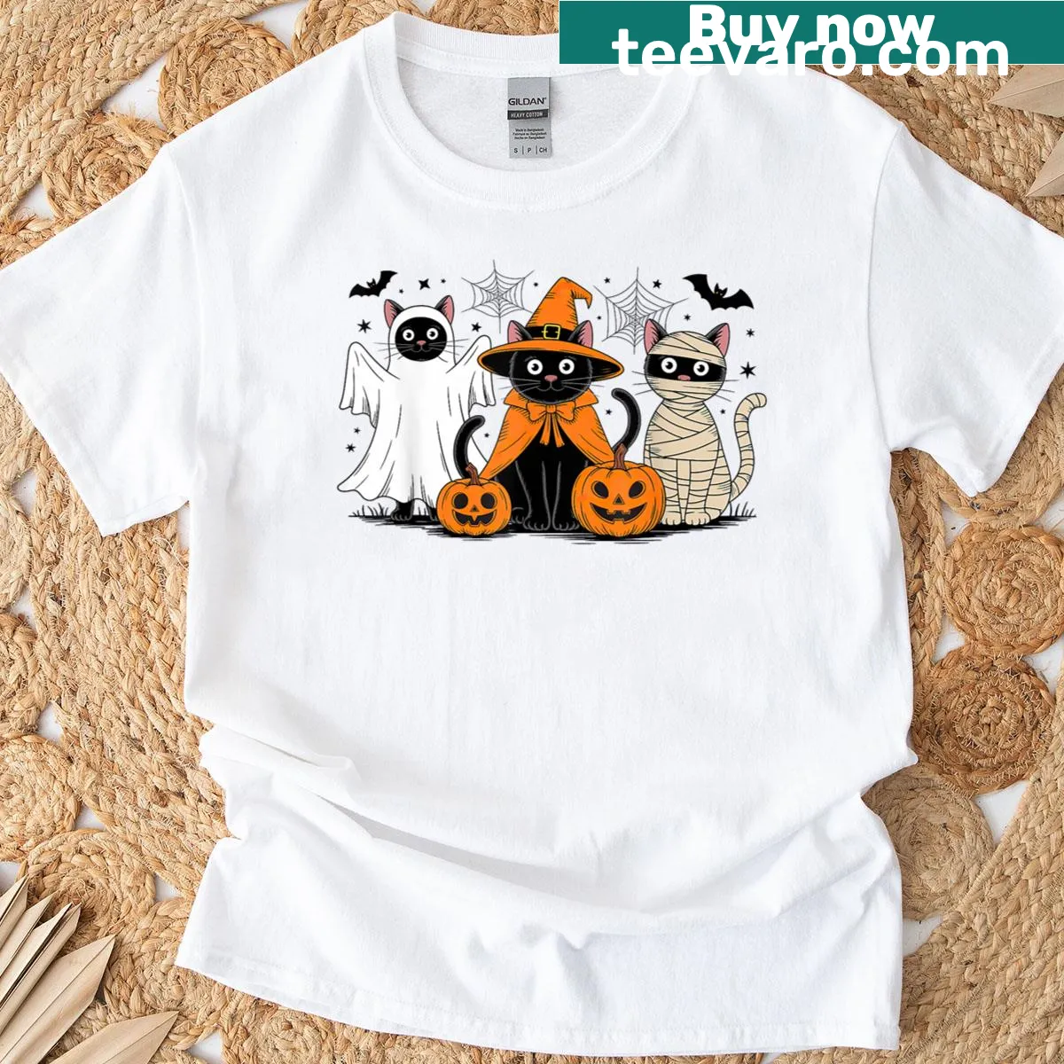 Illustrated Black Cat t-shirt for Halloween with a whimsical design — on a men's t-shirt