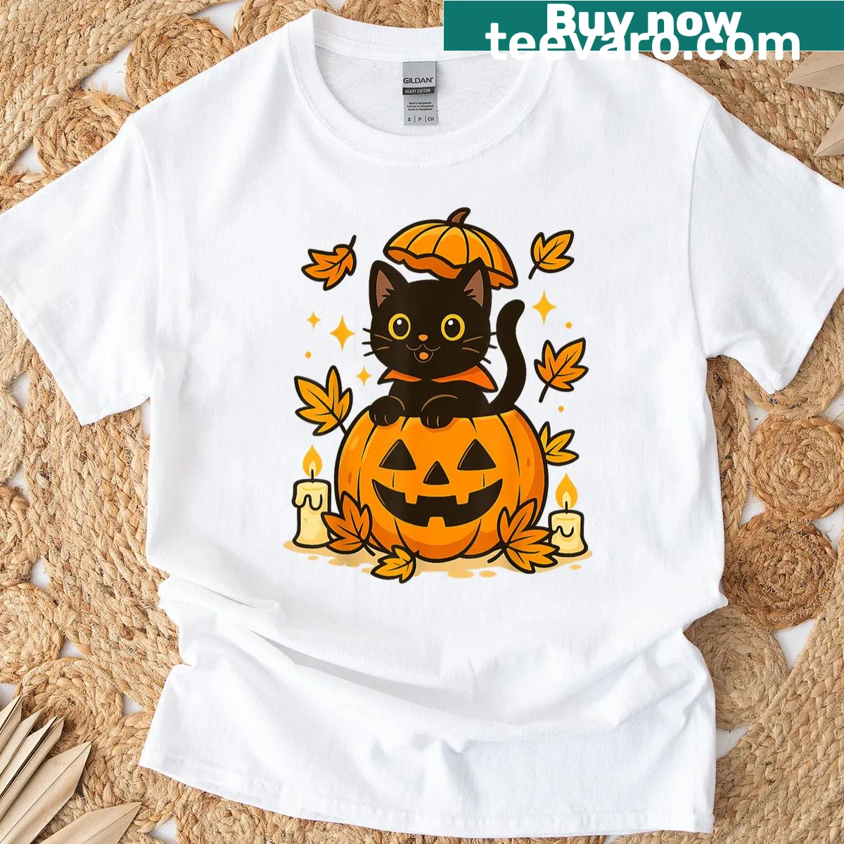 Cute Black Cat in Pumpkin Halloween t-shirt with playful illustration — on a men's t-shirt