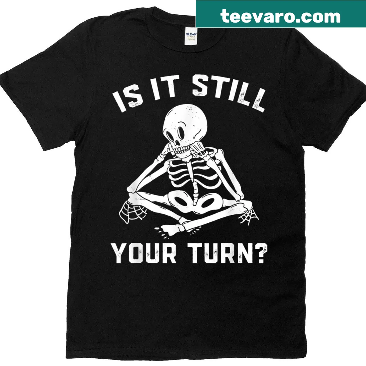 Skeleton waiting by a game board graphic — on a men's t-shirt
