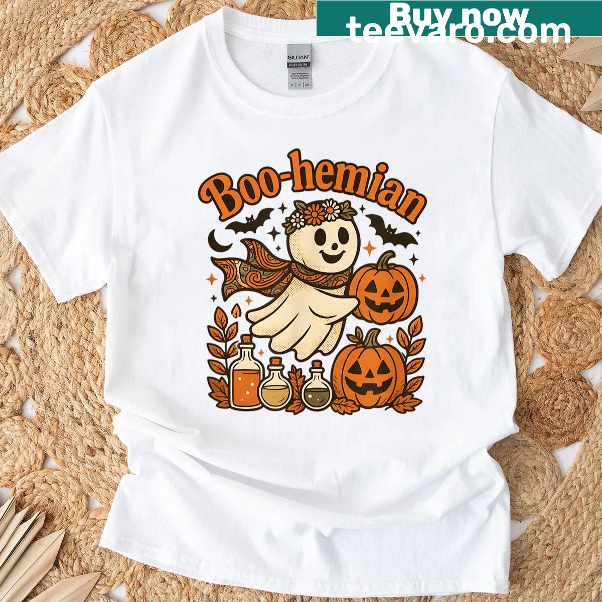 Funny retro ghost pumpkin Halloween t-shirt — on a men's t-shirt
