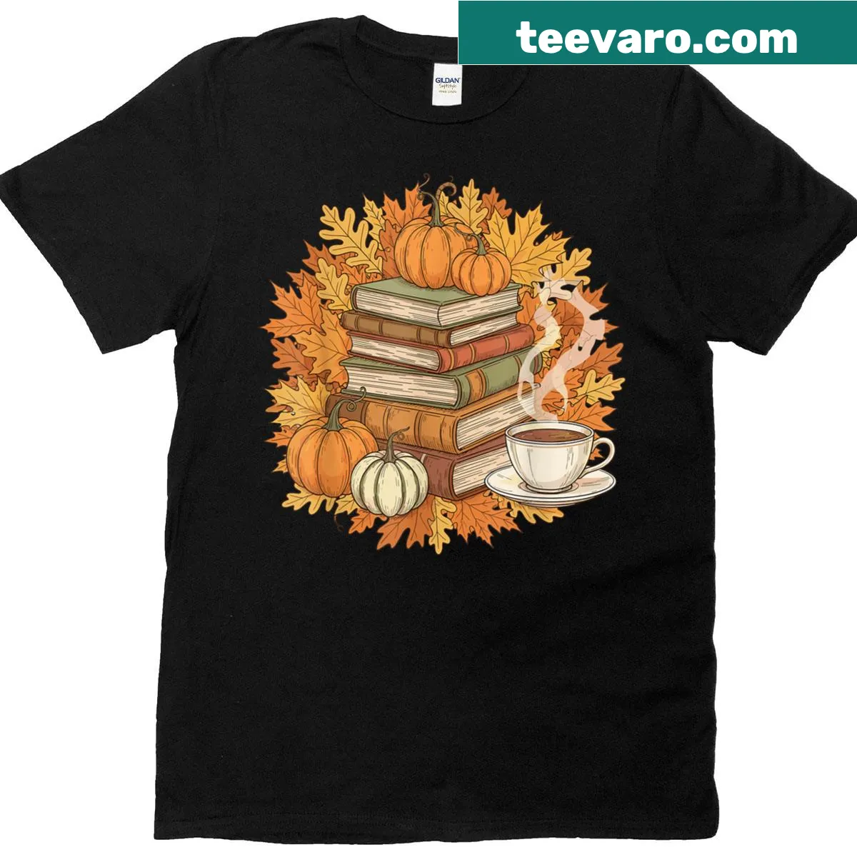 Vintage-style t-shirt featuring books, coffee, fall leaves, and pumpkins — on a men's t-shirt