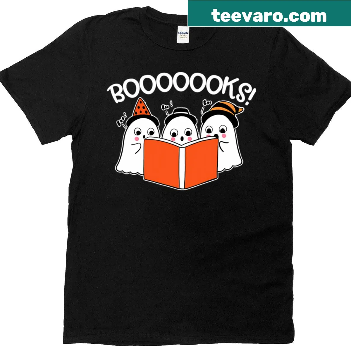 Funny ghost reading t-shirt for teachers with Halloween theme — on a men's t-shirt