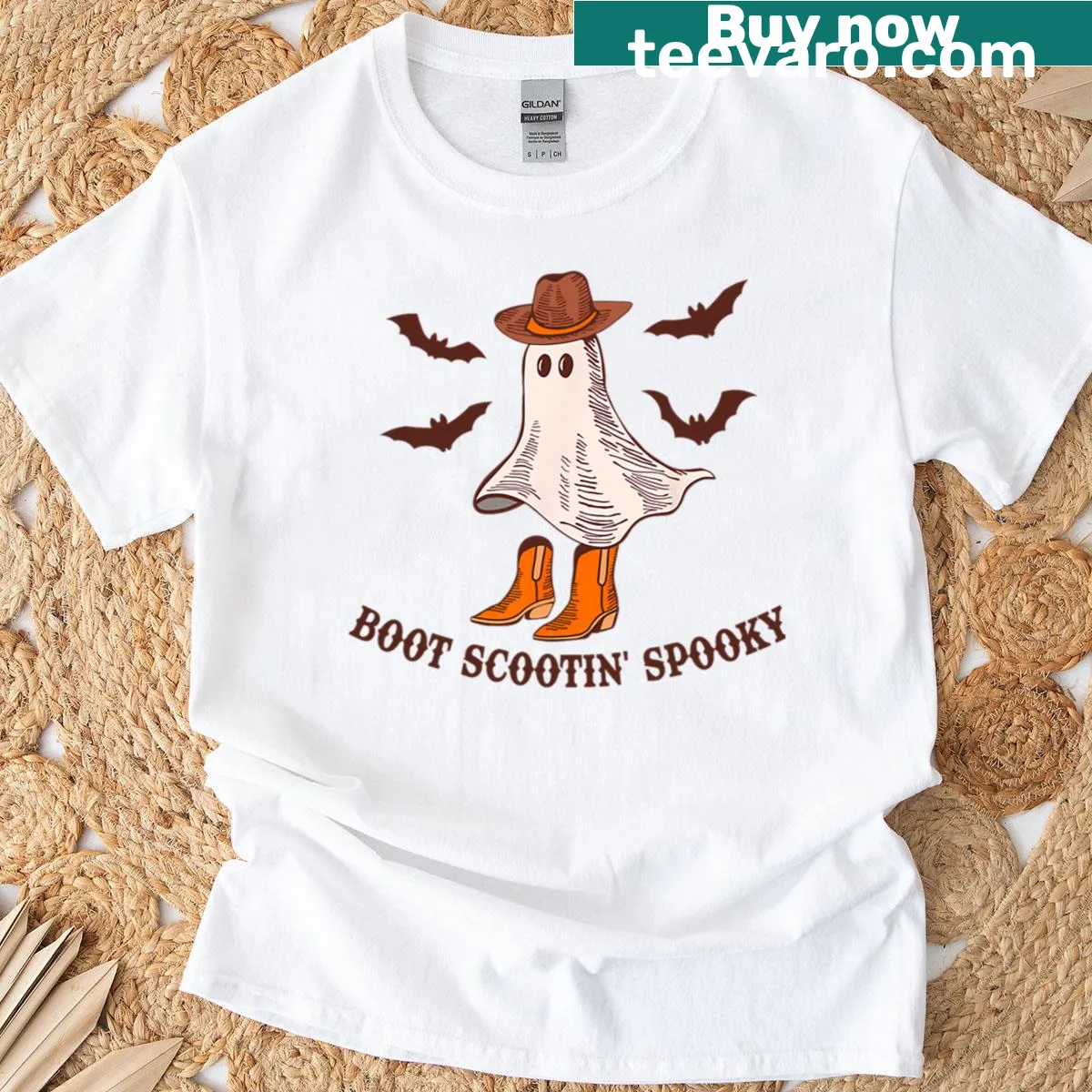 Cartoon ghost in cowboy attire for Halloween t-shirt — on a men's t-shirt