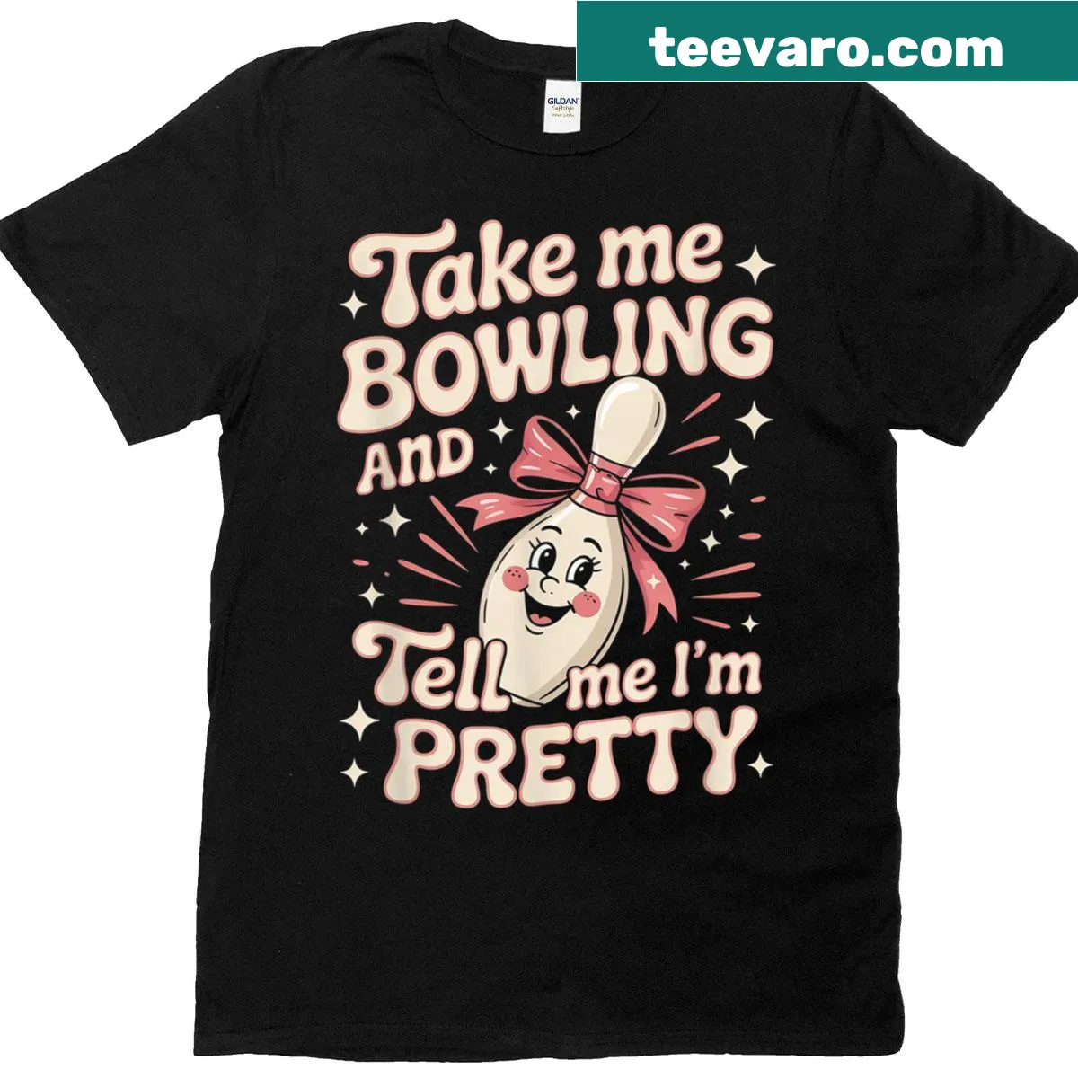 Cute ladies tee featuring the phrase 'Tell Me I'm Pretty' for bowling lovers — on a men's t-shirt