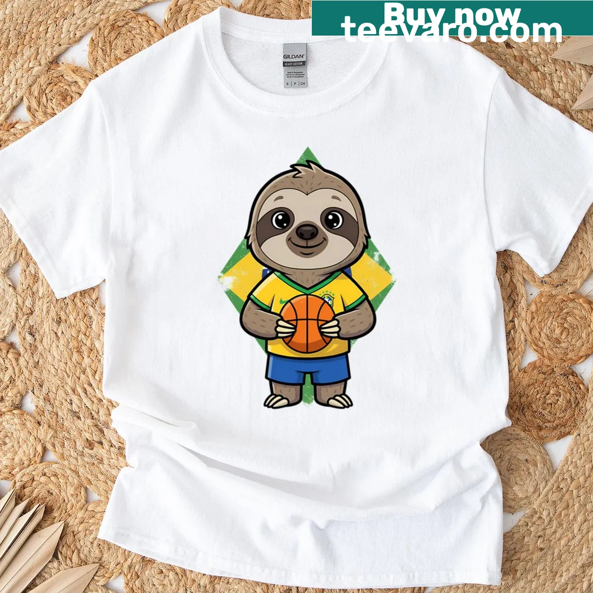 Brazil basketball-themed t-shirt featuring a playful sloth — on a men's t-shirt