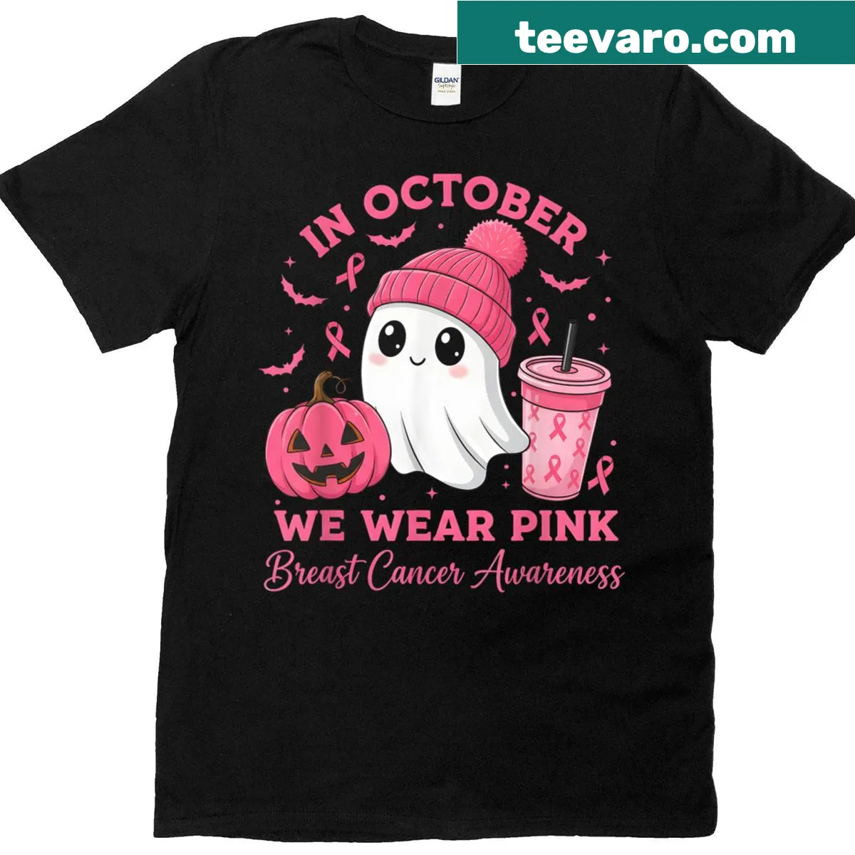 Pink awareness graphic with October message — on a men's t-shirt