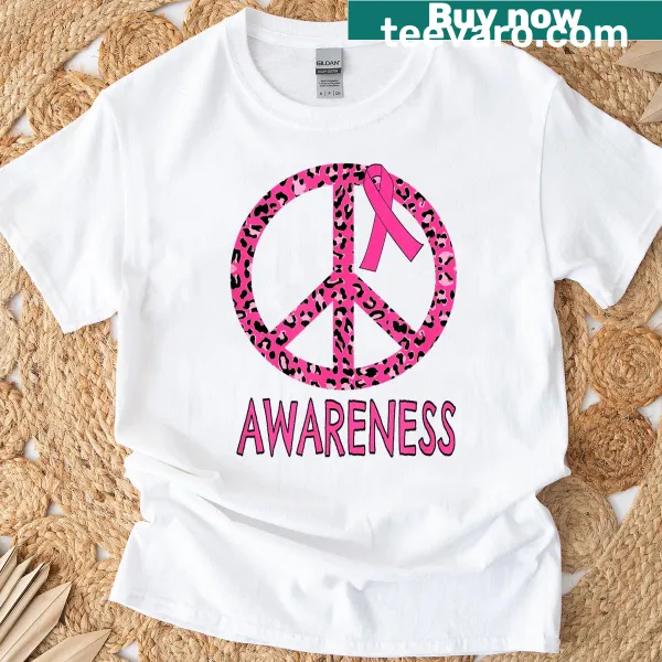 T-shirt featuring a peace sign in pink leopard print for breast cancer awareness