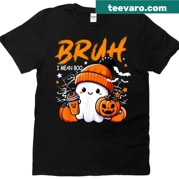 Cute cartoon ghost with Boo text for Halloween on kids' t-shirt