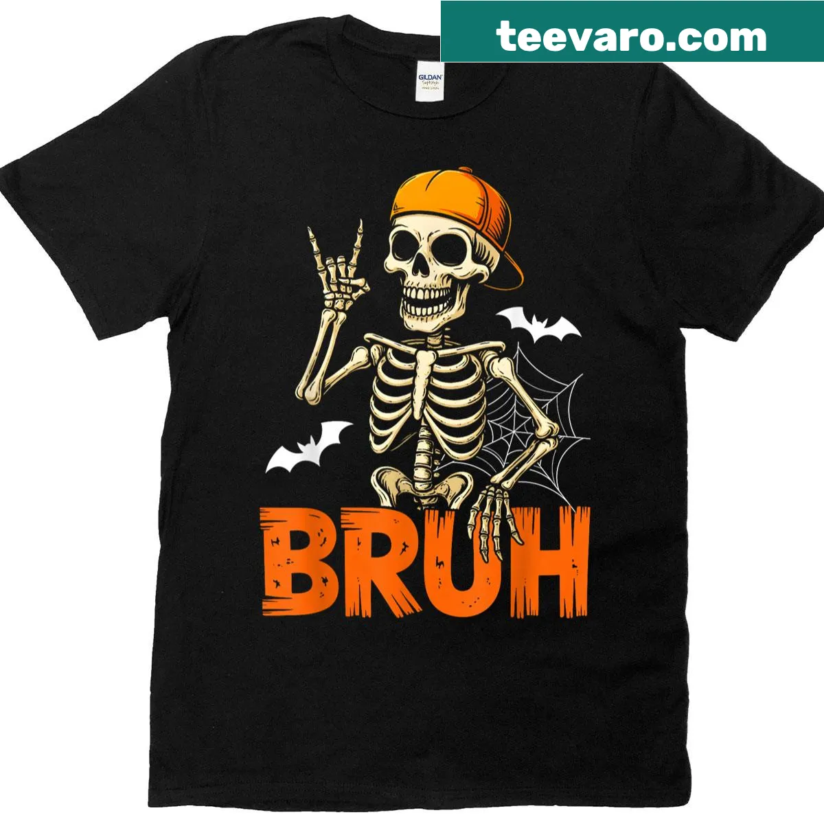 Cartoon skeleton t-shirt for Halloween featuring 'Bruh' rock on design — on a men's t-shirt