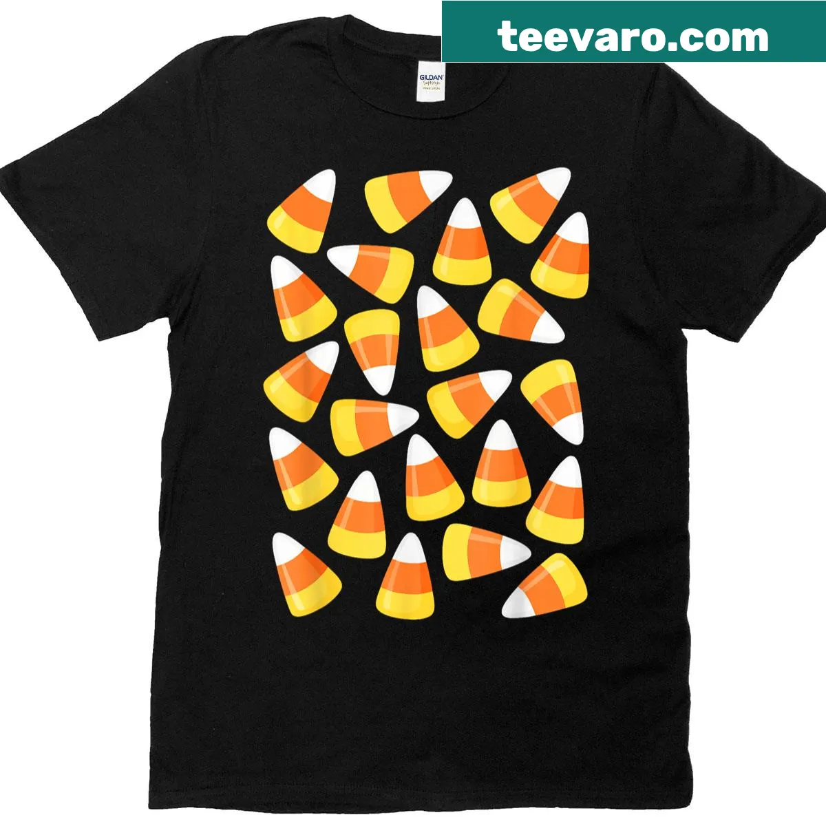 Playful candy corn design on a Halloween t-shirt — on a men's t-shirt