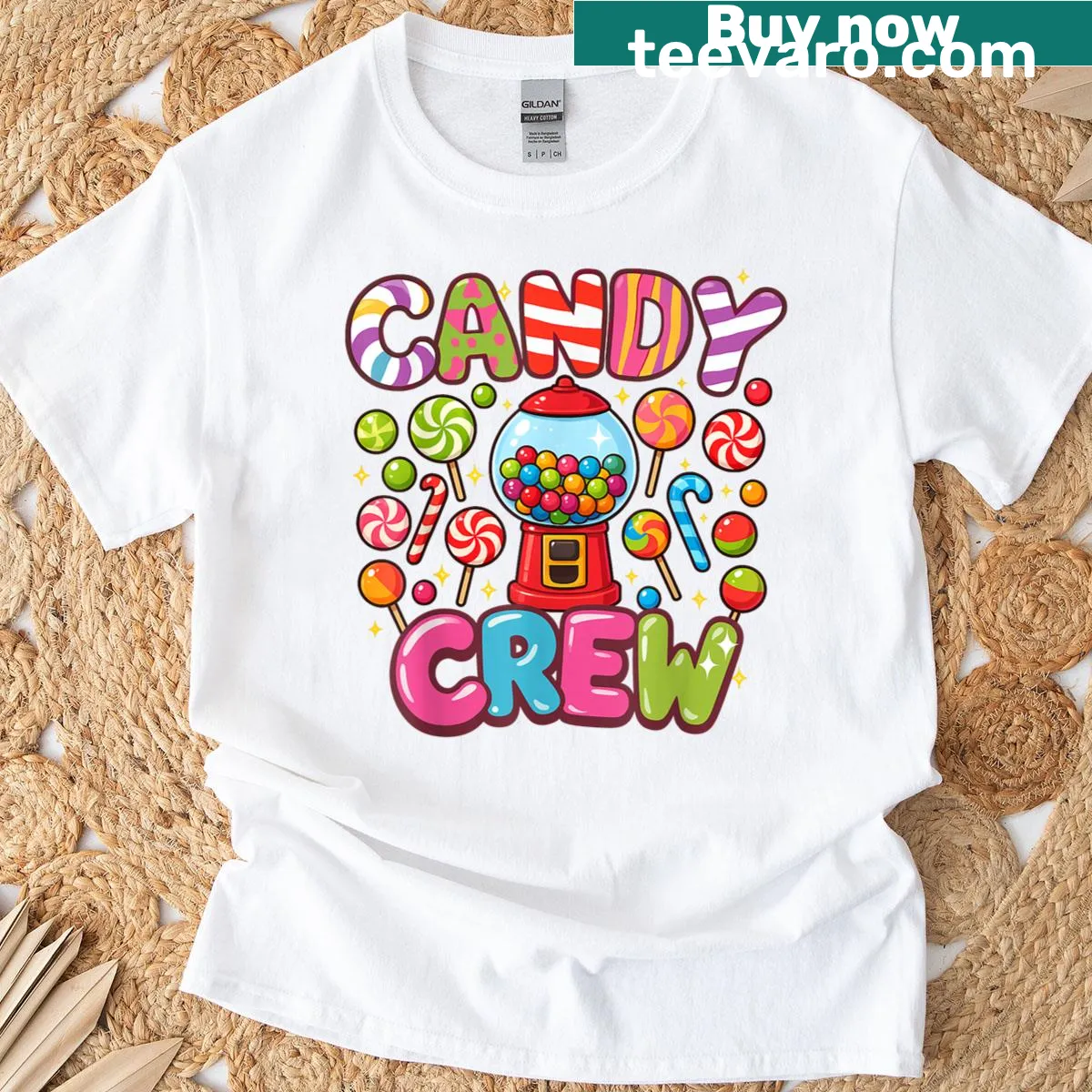 Playful candy-themed graphic T-shirt for women — on a men's t-shirt