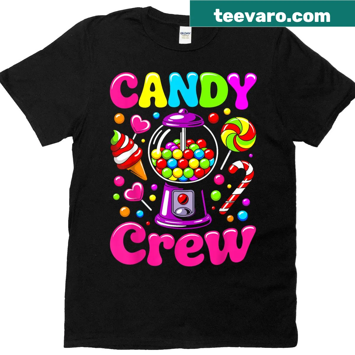 Cartoon candy characters design on a playful Candy Squad t-shirt. — on a men's t-shirt