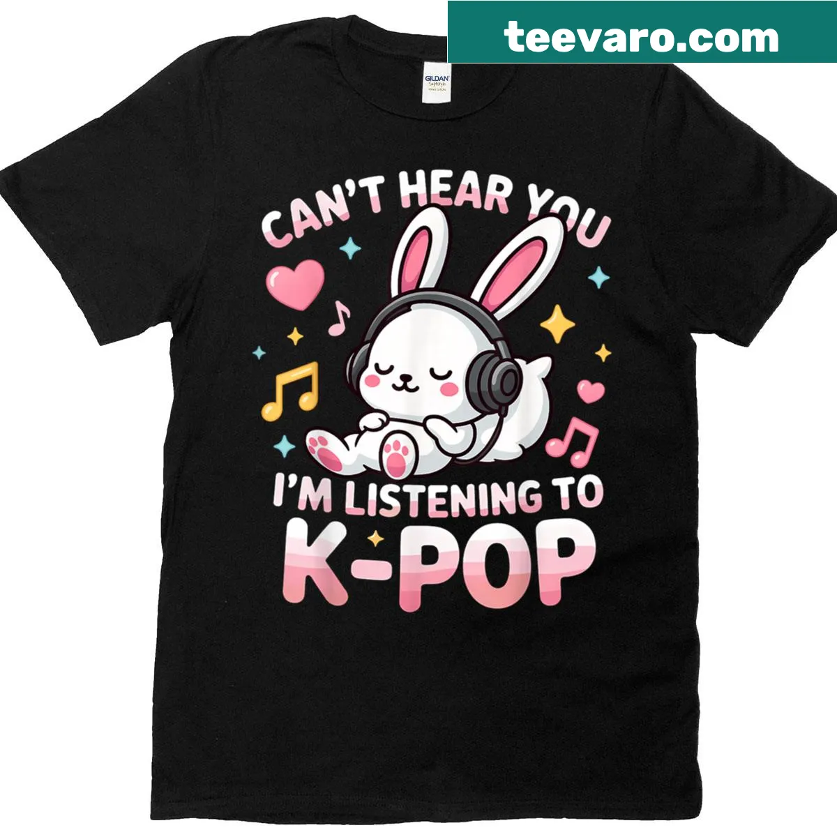 Cute rabbit graphic with text about listening to K-pop on kids' T-shirt — on a men's t-shirt