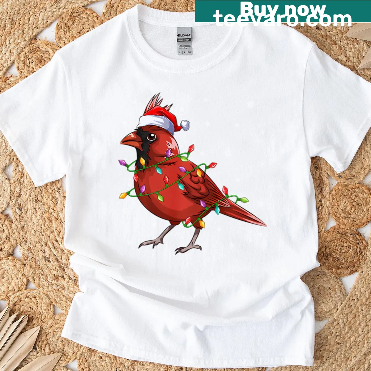 Northern cardinal with Christmas lights and Santa theme — on a men's t-shirt