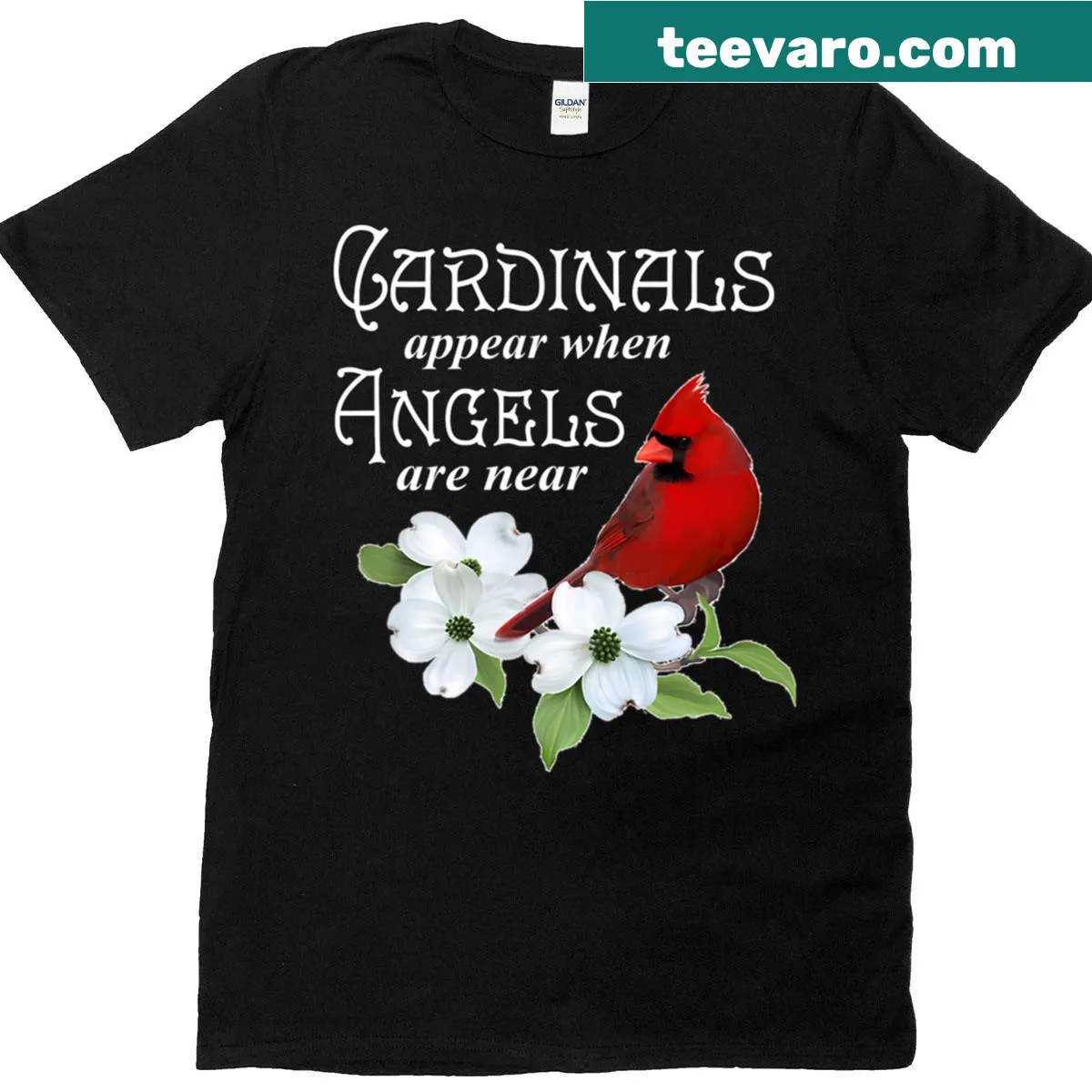 Illustrated cardinal surrounded by flowers symbolizing love and remembrance — on a men's t-shirt