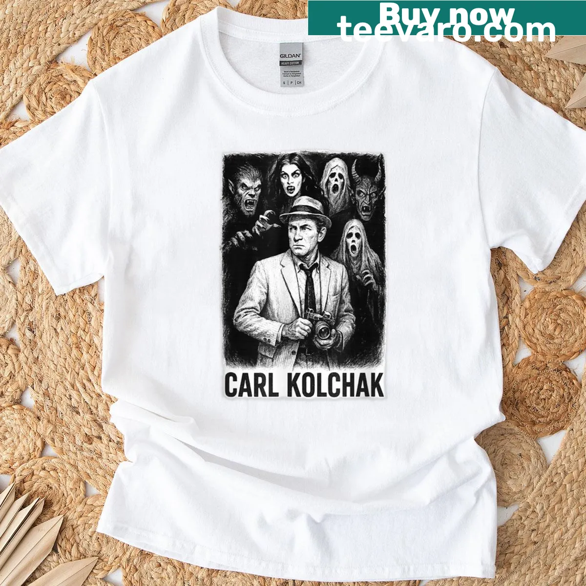 Illustration of Carl Kolchak, the supernatural investigator — on a men's t-shirt