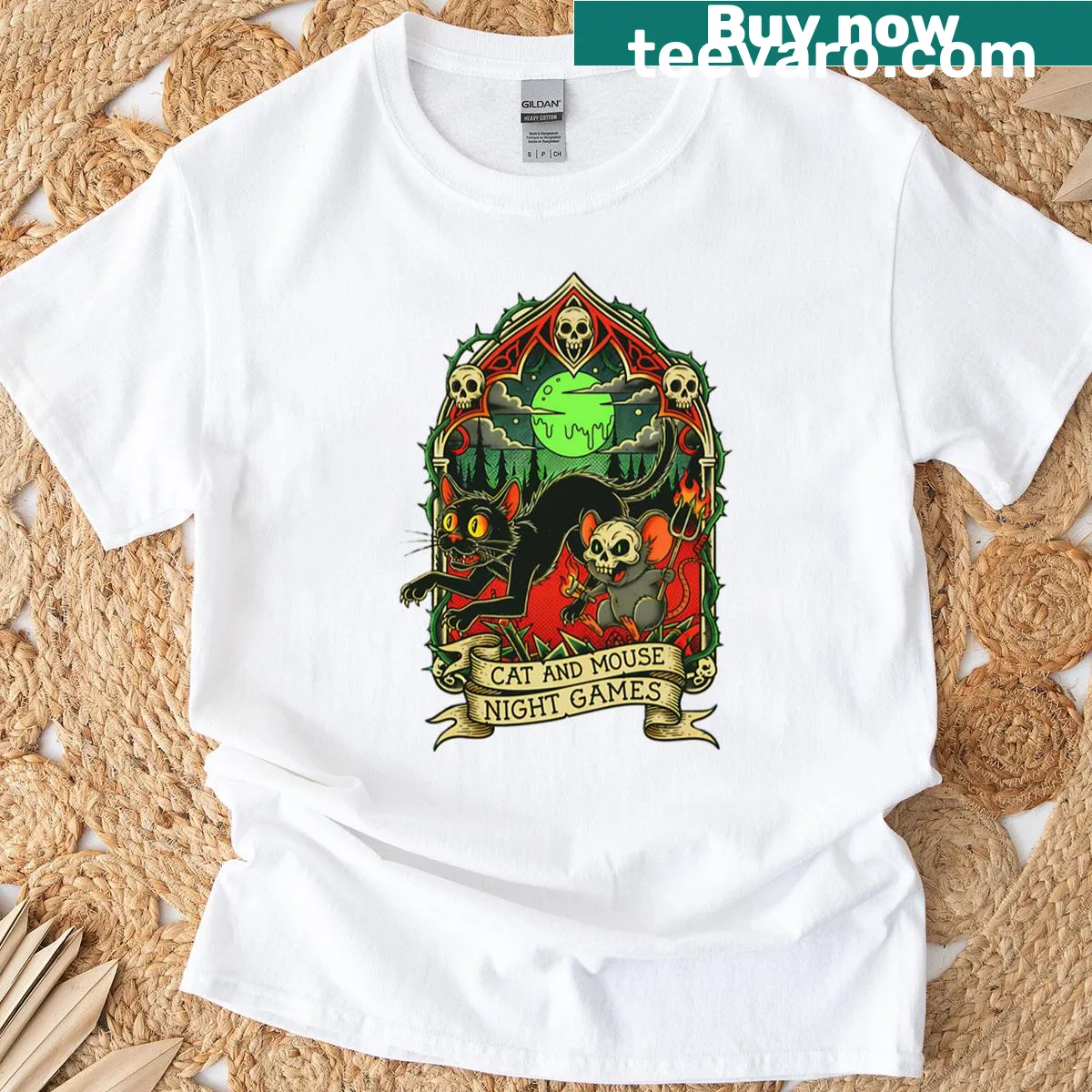 T-shirt featuring cat and mouse design inspired by horror games — on a men's t-shirt