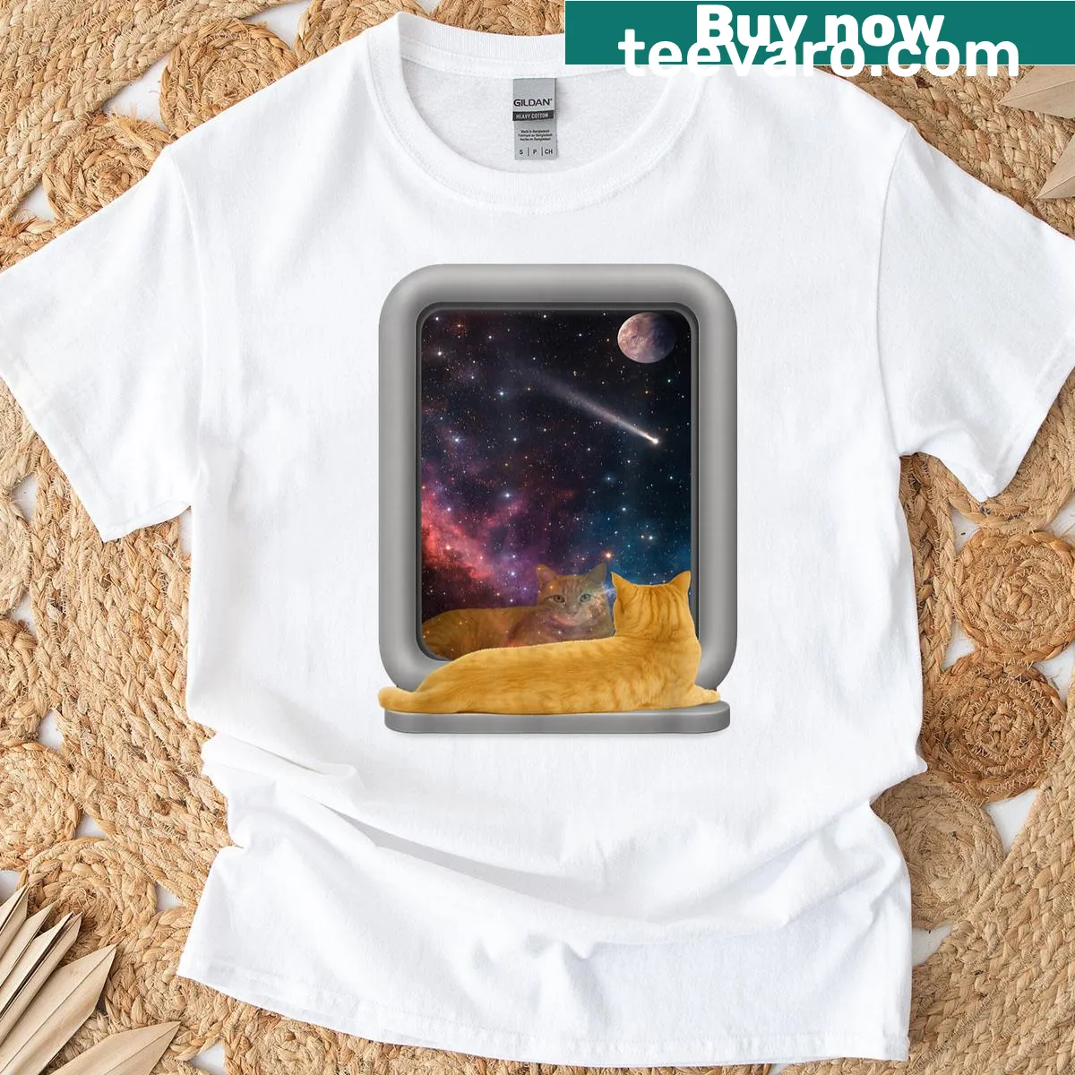 Vintage Cat Spot-ting galaxy t-shirt with playful cats and stars — on a men's t-shirt