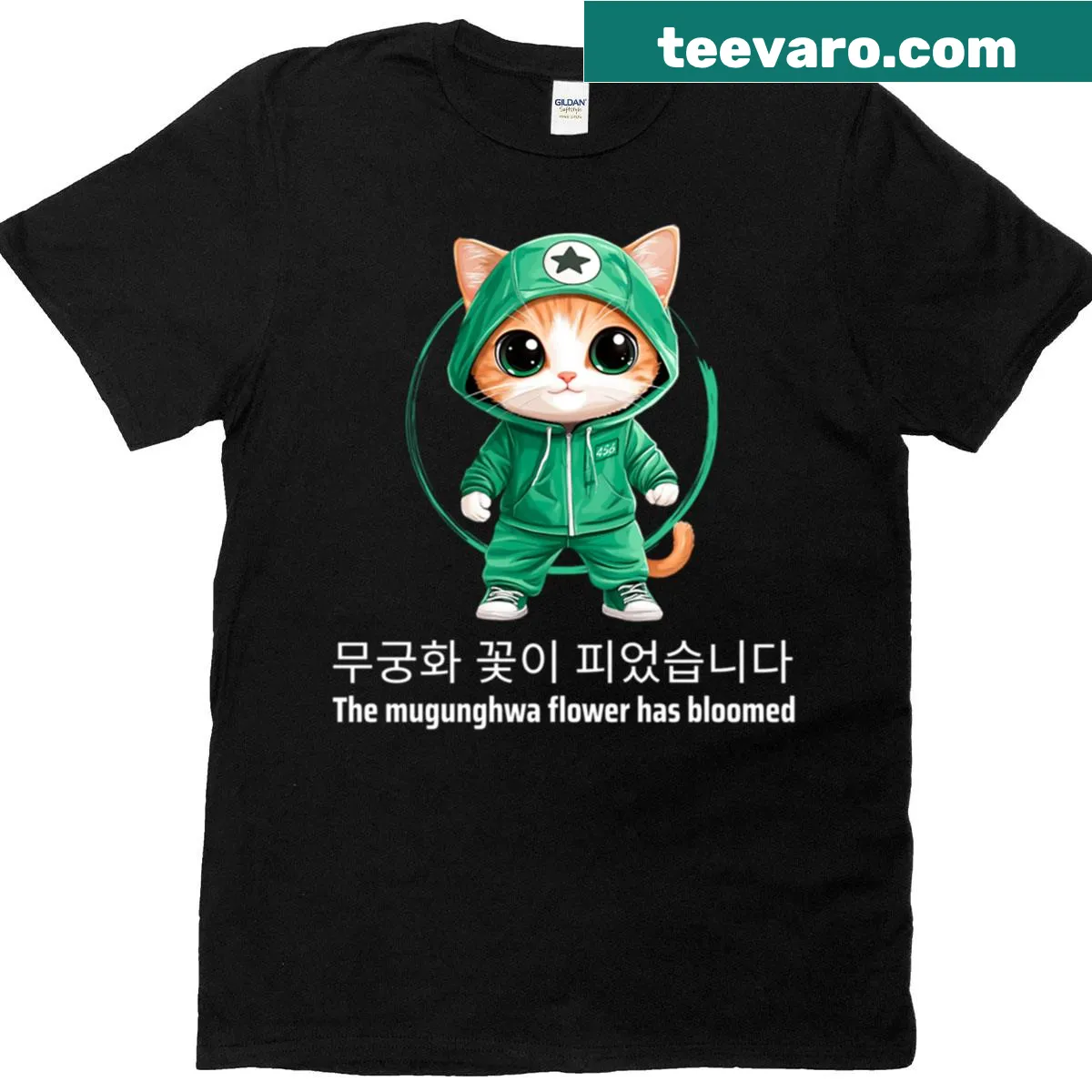 Cat with Mugunghwa flowers inspired by Squid Game — on a men's t-shirt