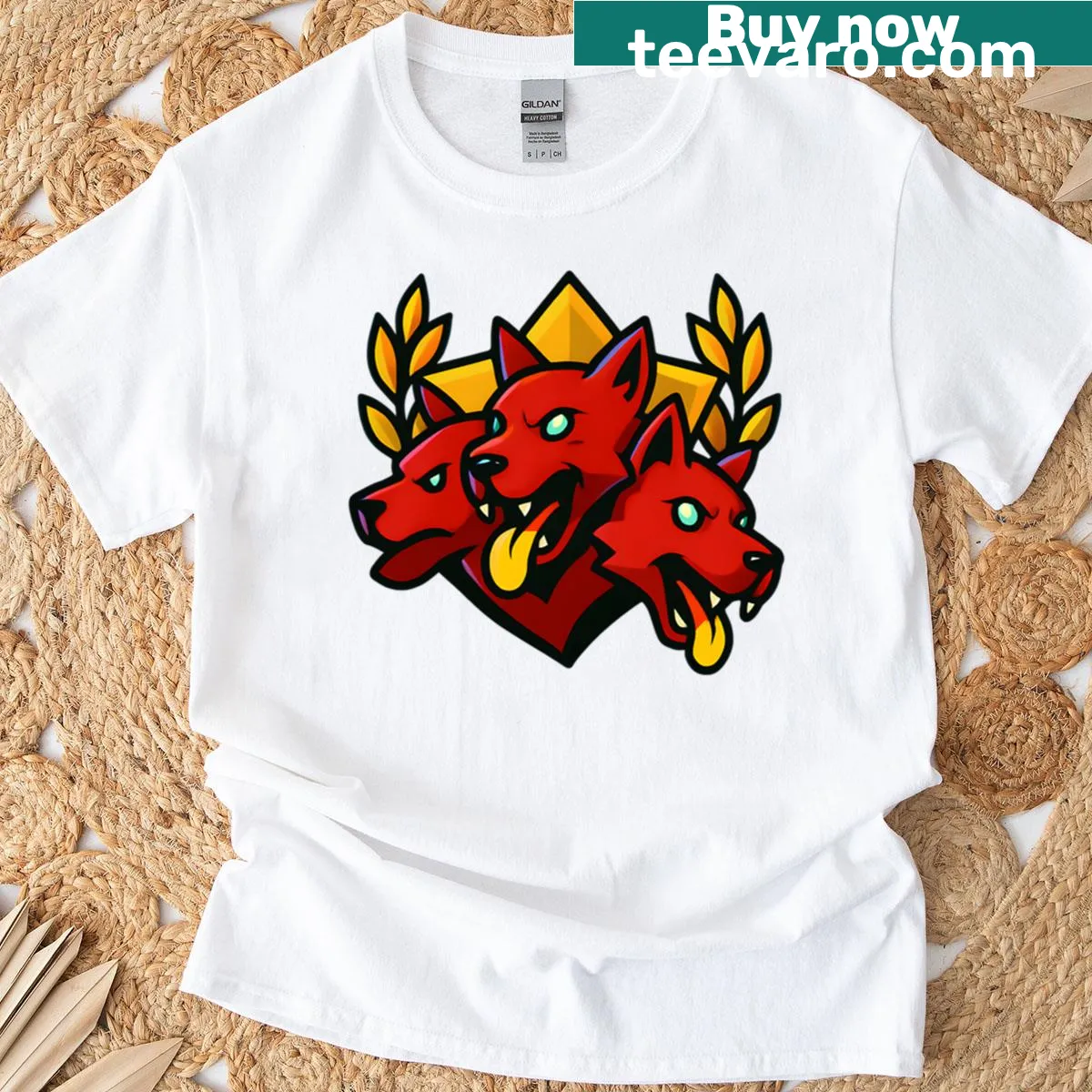 Chibi Cerberus from Hades in a cute cartoon style — on a men's t-shirt